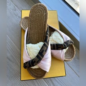 Fendi Logo and Pink Satin Slide Sandals 39.5